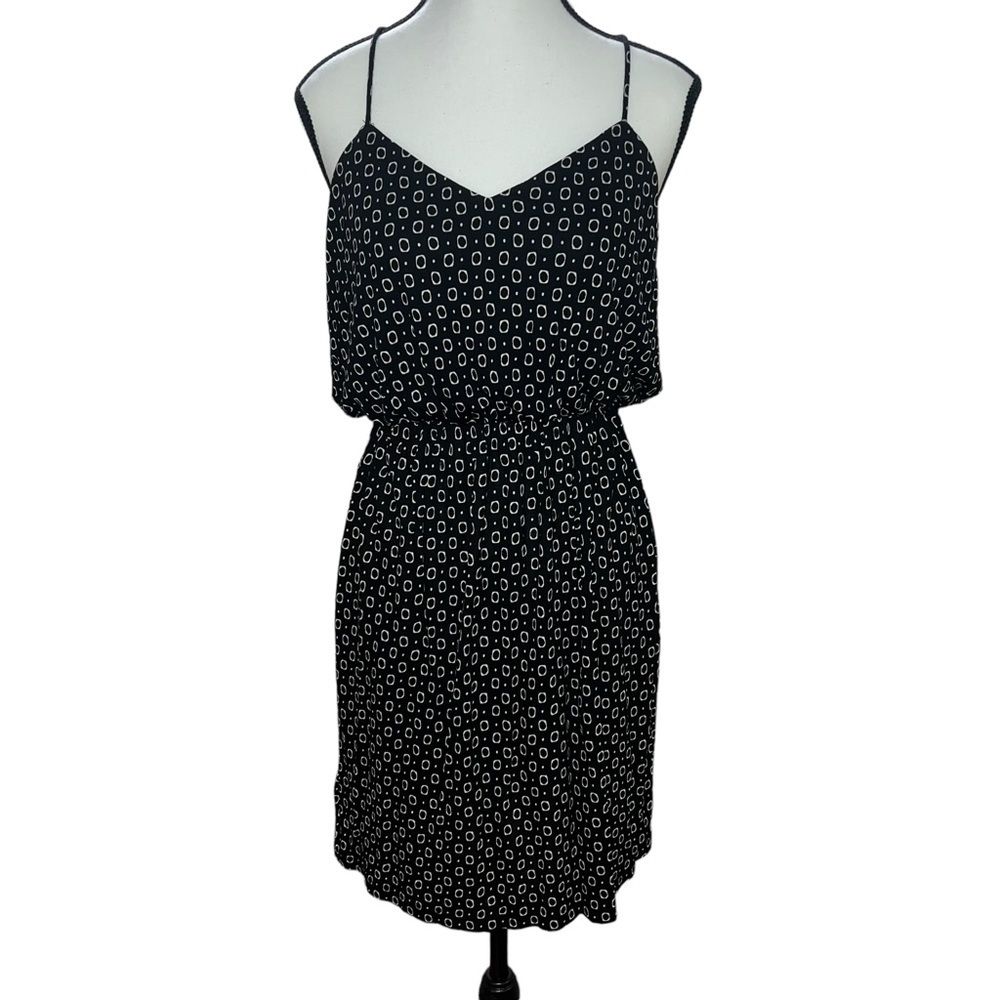 LOFT Black Mini Dress with White Geometric Print